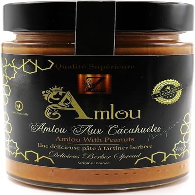 AMLOU with roasted peanuts 400 g pot - 100% natural spread, with argan oil and orange honey. + wooden Amlou spoon.