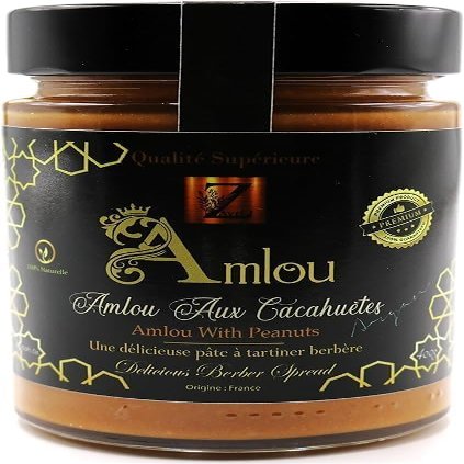 AMLOU with roasted peanuts 400 g pot - 100% natural spread, with argan oil and orange honey. + wooden Amlou spoon.