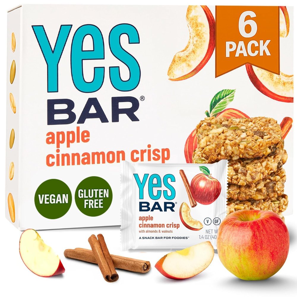The YES Bar Apple Cinnamon Crisp Plant Based Protein, Decadent Snack Bar Vegan, Paleo, Gluten Free, Dairy Free, Low Sugar, Healthy Snack, Breakfast, Low Carb, Keto Friendly (Pack of 6)