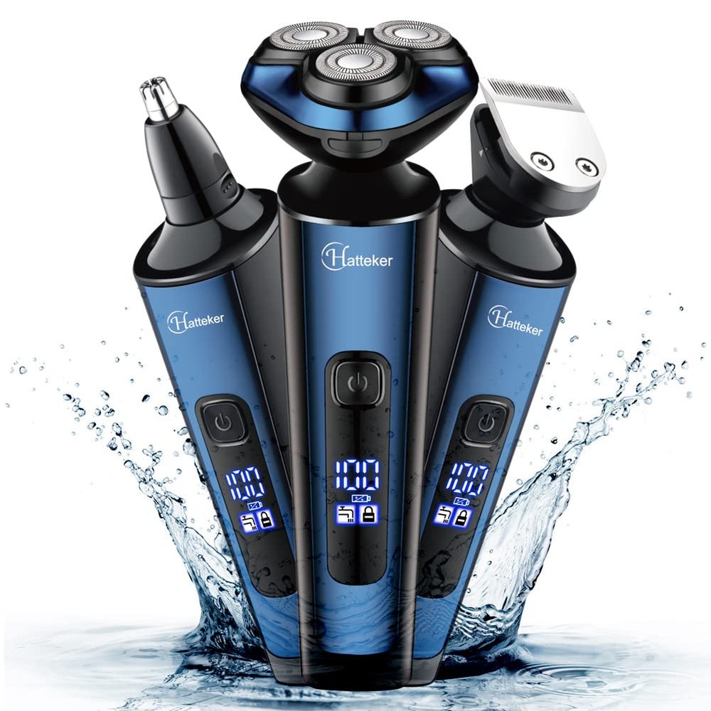 Hatteker Mens Electric Shavers Razor Beard Trimmer Rotary Facial Head Shaver for Men Sideburn Trimmer Wet Dry IPX7 Waterproof Rechargeable Cordless 3 in 1