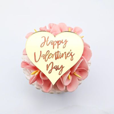 12 Valentine's Day Acrylic Cupcake Toppers Heart shaped Valentines toppers Love Valentine Toppers (MIRROR GOLD)