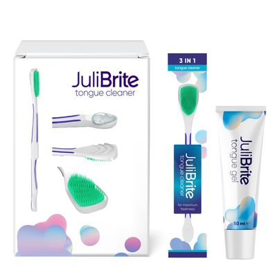 Julibrite Tongue Care Kit | 1 Tongue Gel (50ML) + 1 Tongue Brush | Helps Fight Bad Breath (halitosis) | White Tongue | Fresh Breath | Tongue Scraper | Tongue Scrubber | Tongue Cleaner