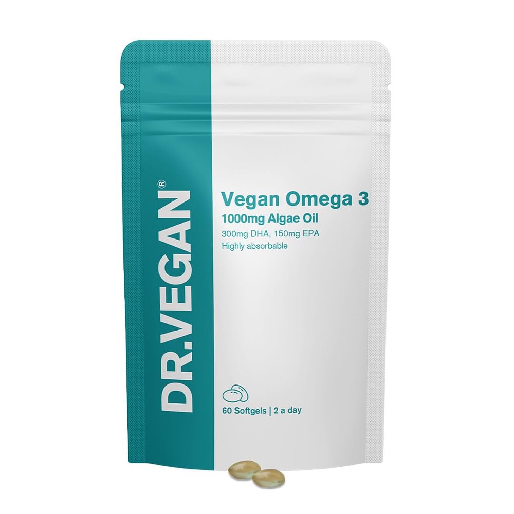 DR.VEGAN High Strength Omega 3 | 1000mg Algae Oil | 300mg DHA & 150mg EPA | Vitamin E | Pure & 3rd Party Tested | 60 Vegan Softgels, 2-A-Day