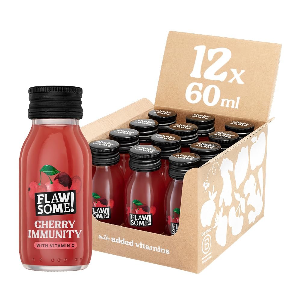 Flawsome! Vitamin C Cherry Shots (12x60ml) | Immune Boost | 375mg of Vitamin C in Every Shot (468% RI) | Whole Ingredients, Nothing Artificial | Natures Answer to Vitamin C Tablets | BCorp certified