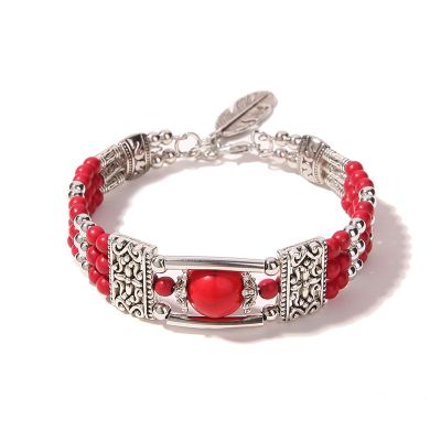 WKXCTS Bracelets Bracelet Vintage Natural Stone Turquoises For Women Handmade Jewelry Blue Round Beads Carved Bracelet Bangle Femme jewellery (Metal Color : A Red)