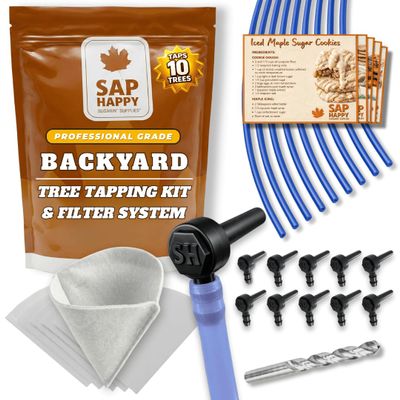 SAP HAPPY SUGARIN SUPPLIES Maple Syrup Whisk Kit - (10) Maple Tree Taps, (10) 3' Food Grade Maple Syrup Tube Drops, (5) D Maple Syrup Filters