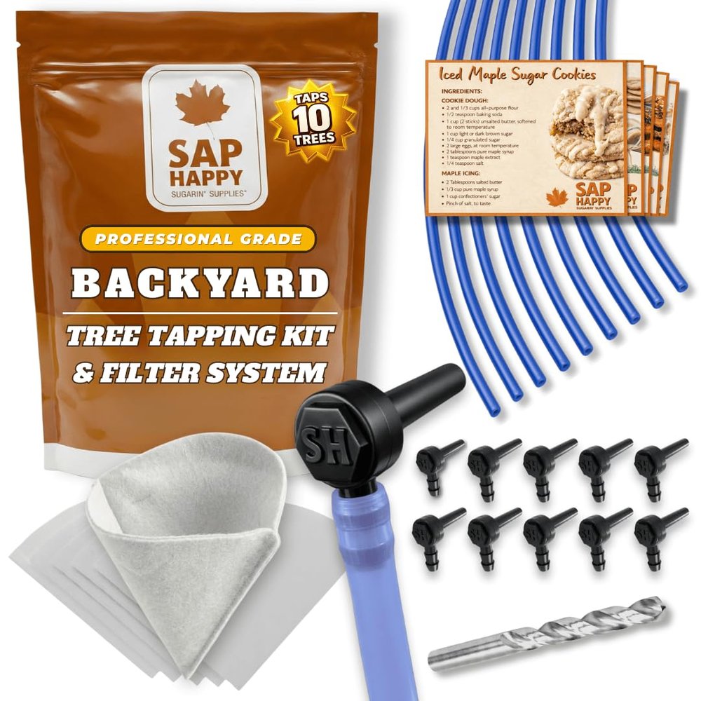 SAP HAPPY SUGARIN SUPPLIES Maple Syrup Whisk Kit - (10) Maple Tree Taps, (10) 3' Food Grade Maple Syrup Tube Drops, (5) D Maple Syrup Filters