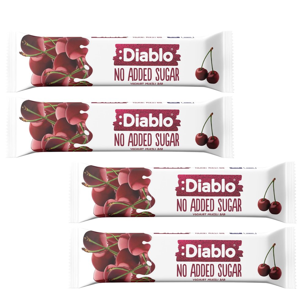 Diablo Yoghurt & Muesli Bar  No Added Sugar Healthy Snacks & Breakfast Bar Sweetened with Maltitol, Low Sugar Snacks Food, Great for Gifting, Work, School, or Travel  Cherry, 30g Each (Pack of 4)
