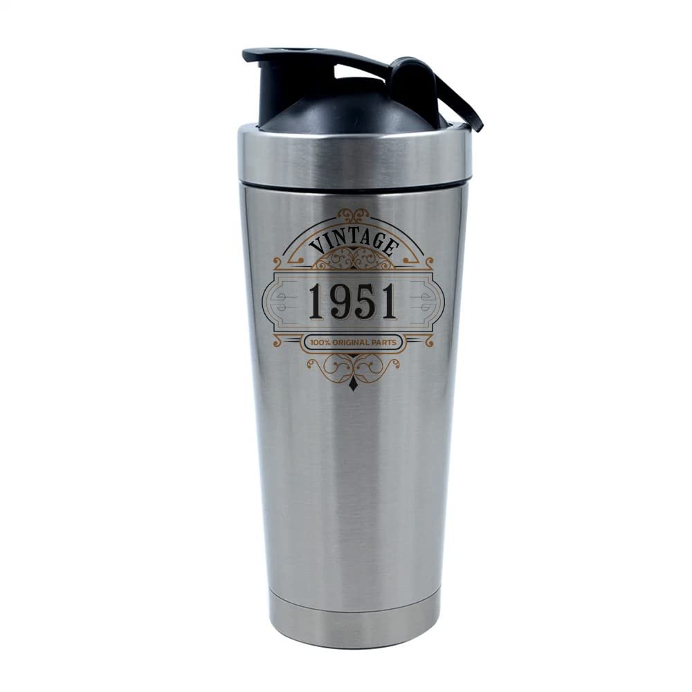 Getagift 500ml Aluminium Shaker Bottle for Supplement Shakes - Easy Clean, Durable Cup Personalised Birthday Vintage 1951 100% original parts. Silver