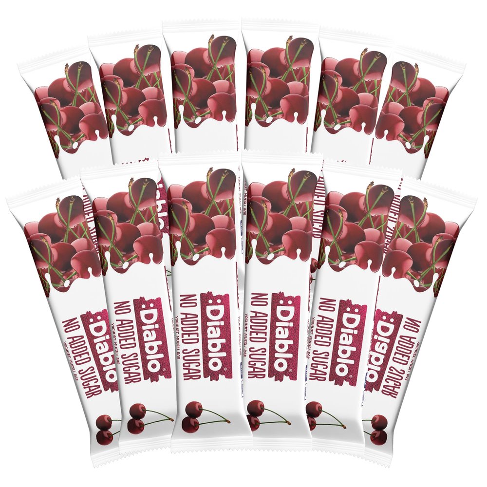 Diablo Yoghurt & Muesli Bar  No Added Sugar Healthy Snacks & Breakfast Bar Sweetened with Maltitol, Low Sugar Snacks Food, Great for Gifting, Work, School, or Travel  Cherry, 30g Each (Pack of 12)