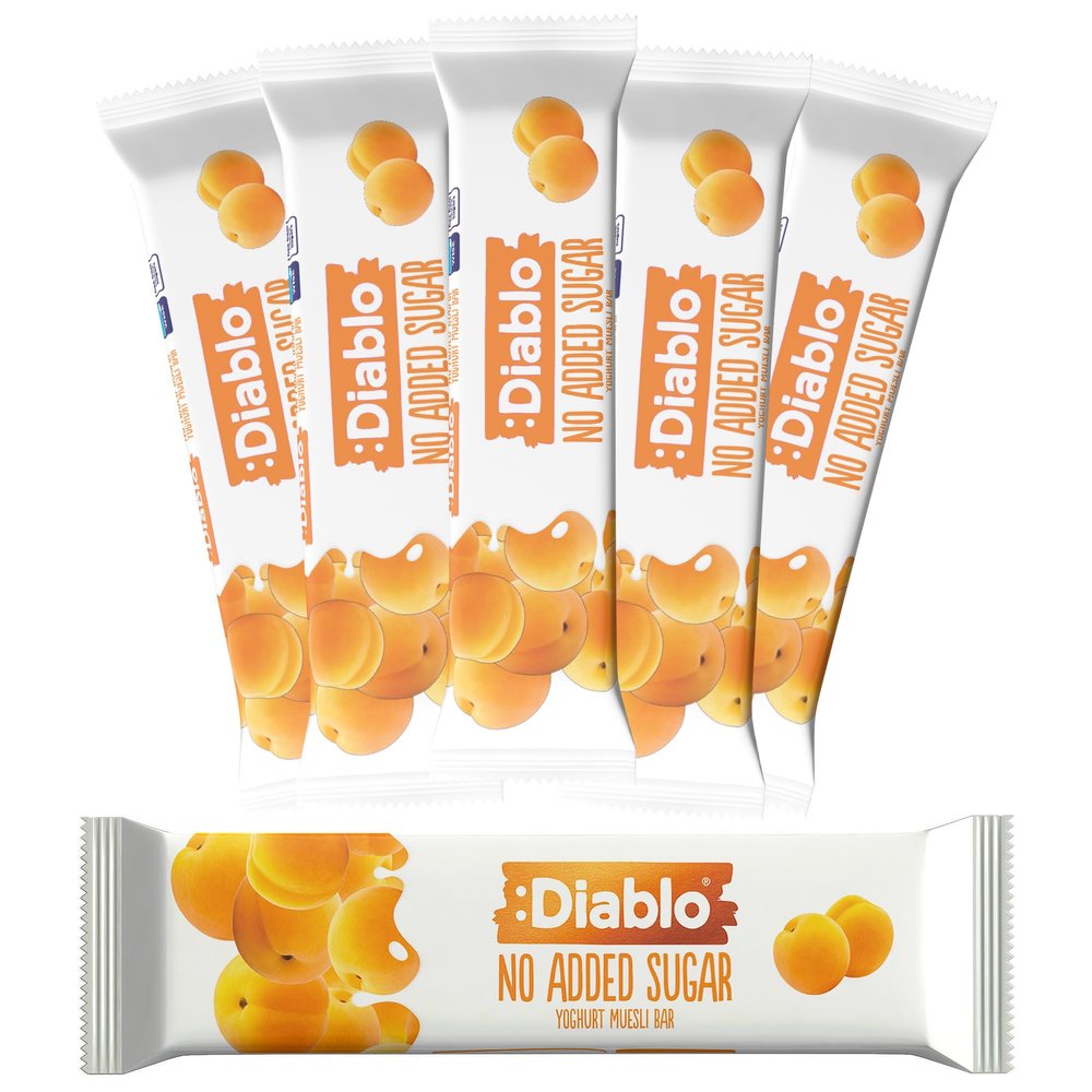 Diablo Yoghurt & Muesli Bar No Added Sugar Healthy Snacks & Breakfast Bar Sweetened with Maltitol, Low Sugar Snacks Food, Great for Gifting, Work, School, or Travel Apricot, 30g Each (Pack of 6)