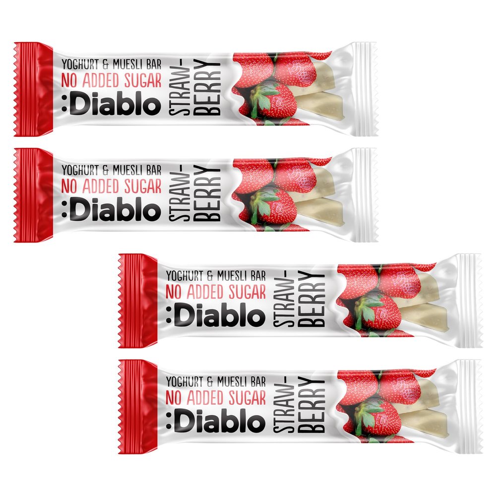 Diablo Yoghurt & Muesli Bar No Added Sugar Healthy Snacks Breakfast Bar Sweetened with Maltitol, Low Sugar Snacks Food, Great for Gifting, Work, School, or Travel Strawberry, 30g Each (Pack of 4)