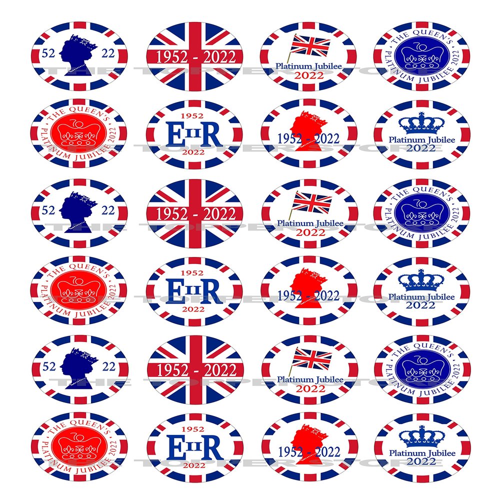 The Cake Decorators Boutique 24 edible Pre-Cut Queens Platinum Jubilee party decorations Wafer Paper Cupcake Topper, 4.2cm