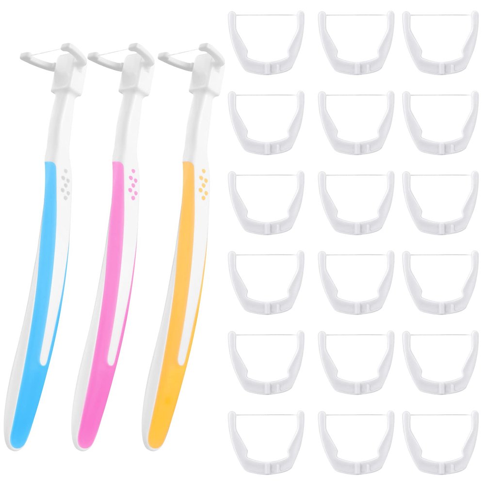 3 Pieces Reusable Dental Floss Handle with 300 Pieces Refill Heads Unflavored Colorful Floss Interdental Toothpick Flosser for Adults and Kids Teeth Cleaning, 3 Colors