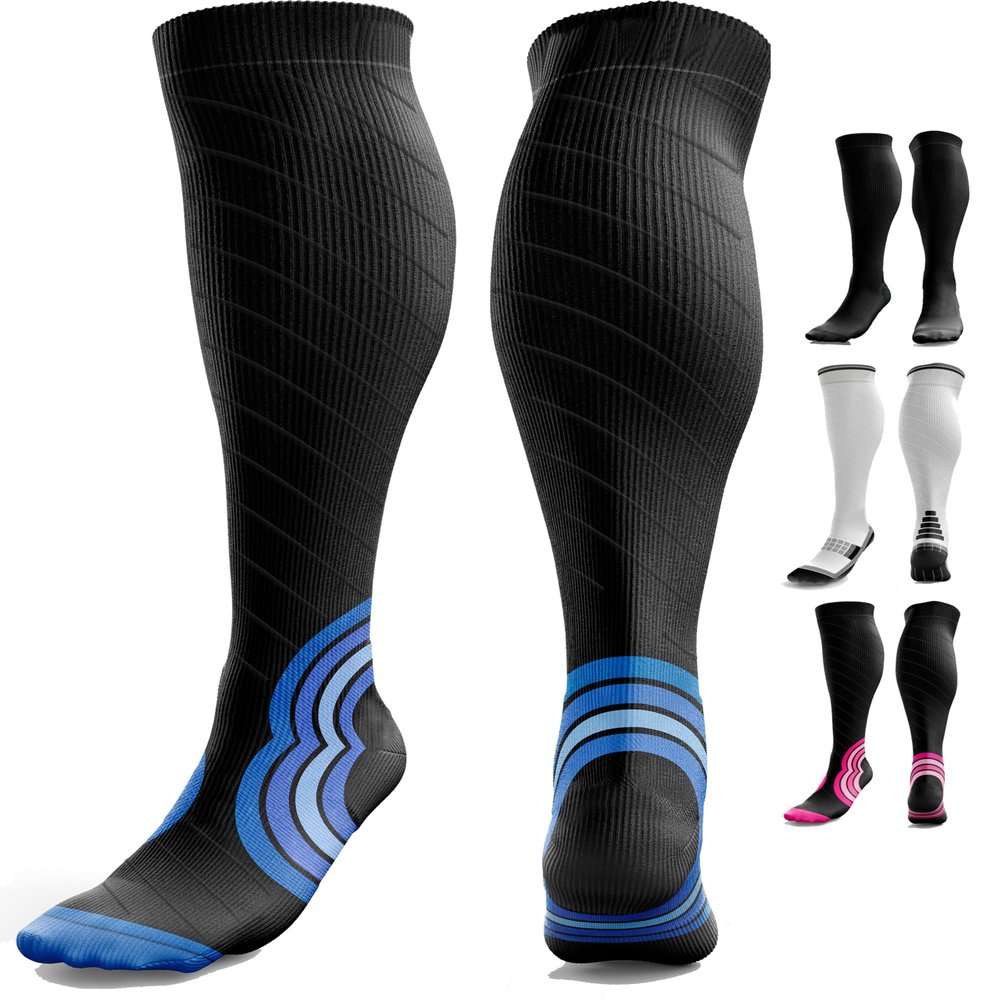 aZengear Compression Socks (20-30mmHg) Anti DVT Air Flying Knee-High Flight Travel Stockings, Swollen Legs, Varicose Veins, Running, Shin Splints Calf Pressure Support, Sports (Black w Blue, XXL)