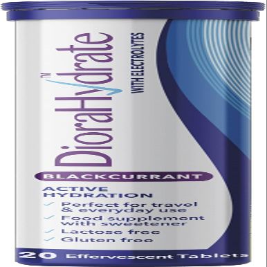 DioraHydrate Hydration Tablets with Electrolytes & Carbohydrates | 20 Blackcurrant Flavour Tablets| Scientifically Formulated for Active Hydration | Food Supplement Compact Tube