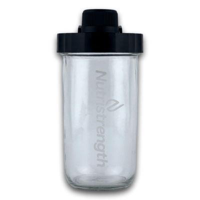Nutristrength Protein Shaker Cup Water Bottle New Lid Design - 20oz Glass Water Bottle Black Lid | Includes Wire Ball for Smooth Shakes