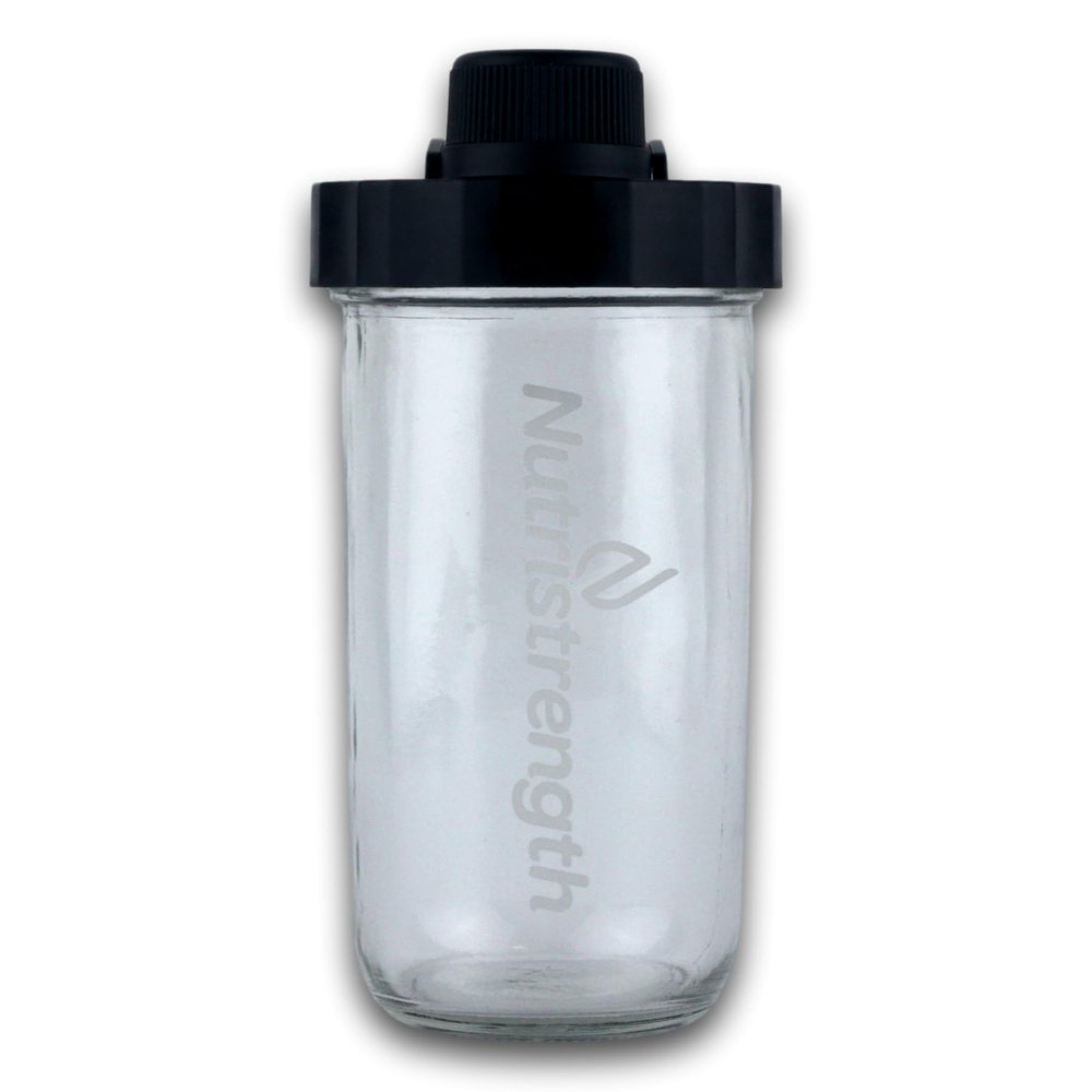 Nutristrength Protein Shaker Cup Water Bottle New Lid Design - 20oz Glass Water Bottle Black Lid | Includes Wire Ball for Smooth Shakes