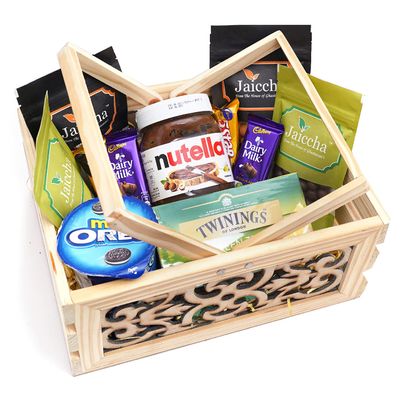 Jaiccha Ghasitaram Valentines Gift for Girlfriend/Boyfriend/Husband and Wife Wooden Laser Handle Basket of 11 Goodies