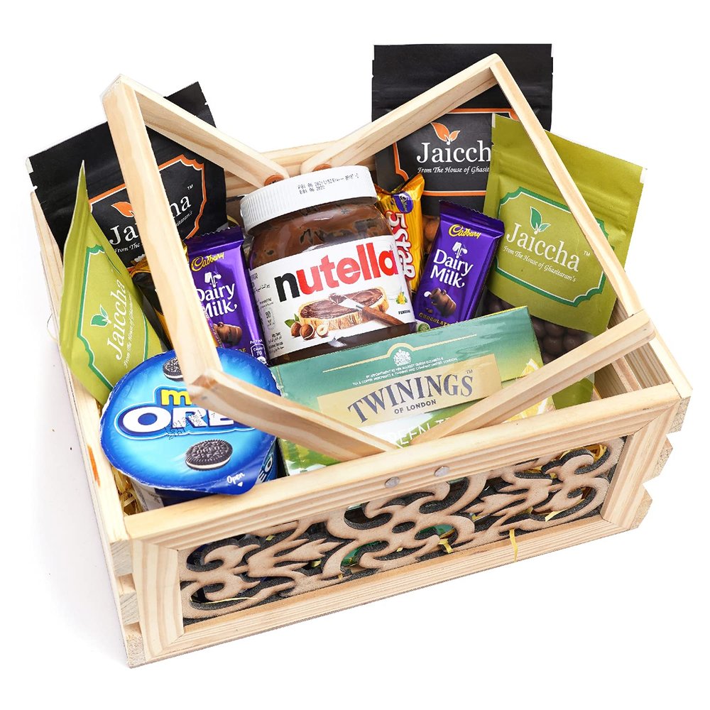 Jaiccha Ghasitaram Valentines Gift for Girlfriend/Boyfriend/Husband and Wife Wooden Laser Handle Basket of 11 Goodies