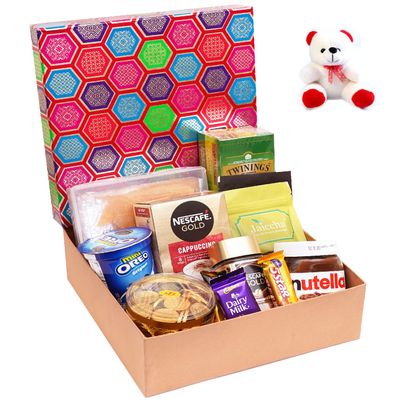 Jaiccha Ghasitaram Valentines Gift for Girlfriend/Boyfriend/Husband and Wife Gourmet Medium Hamper Box of 8 Goodies with Teddy