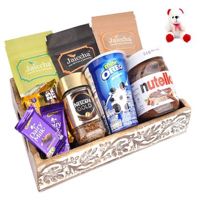 Jaiccha Ghasitaram Valentines Gift for Girlfriend/Boyfriend/Husband and Wife Wooden Serving Tray of 10 Goodies with Teddy