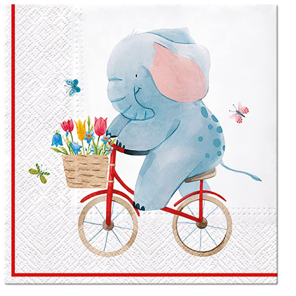 Baby Shower Napkins Paper Serviettes Party Celebration Birthday Serviettes 33cm x 33cm (Pack of 20) (Elephant On Bike)