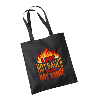Willow Gifts Put Hot Sauce On My Hot Sauce Tote Bag Cotton Shopper Warm Spicy Tangy Tasty Fresh Fire Habanero Jalapeno Ghost Carolina Reaper Pepper Chili Gift Present (Black)