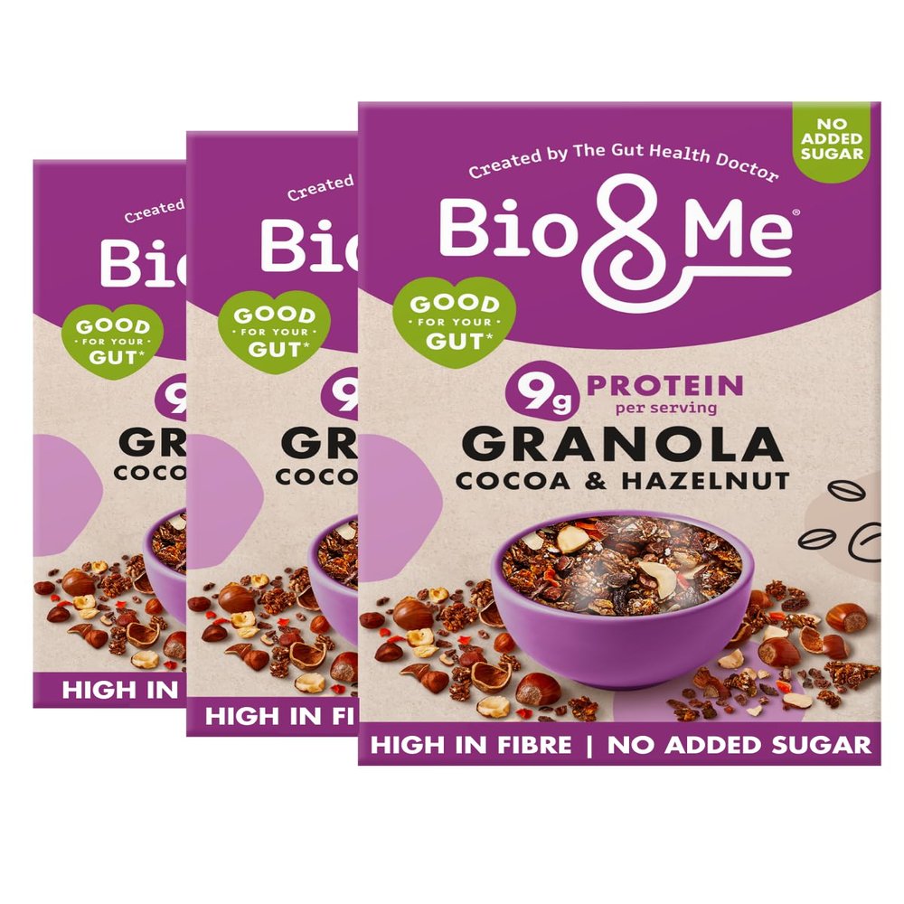 Bio&Me Cocoa Hazelnut Granola 3-Pack (3 x 360g) Vegan, High Fibre, No Added Sugar, Gut-Loving Breakfast Cereal, High Protein Cereal