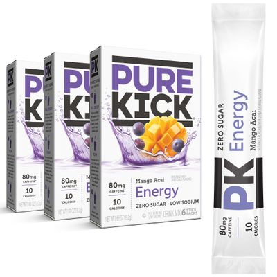 PURE KICK Energy Singles To Go Drink Mix, Mango Acai, 6 Count (Pack of 3)