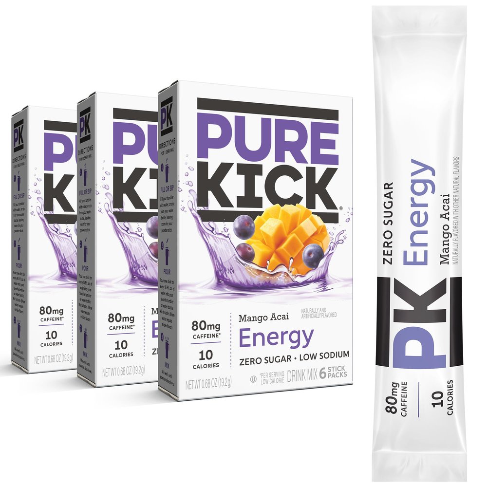 PURE KICK Energy Singles To Go Drink Mix, Mango Acai, 6 Count (Pack of 3)