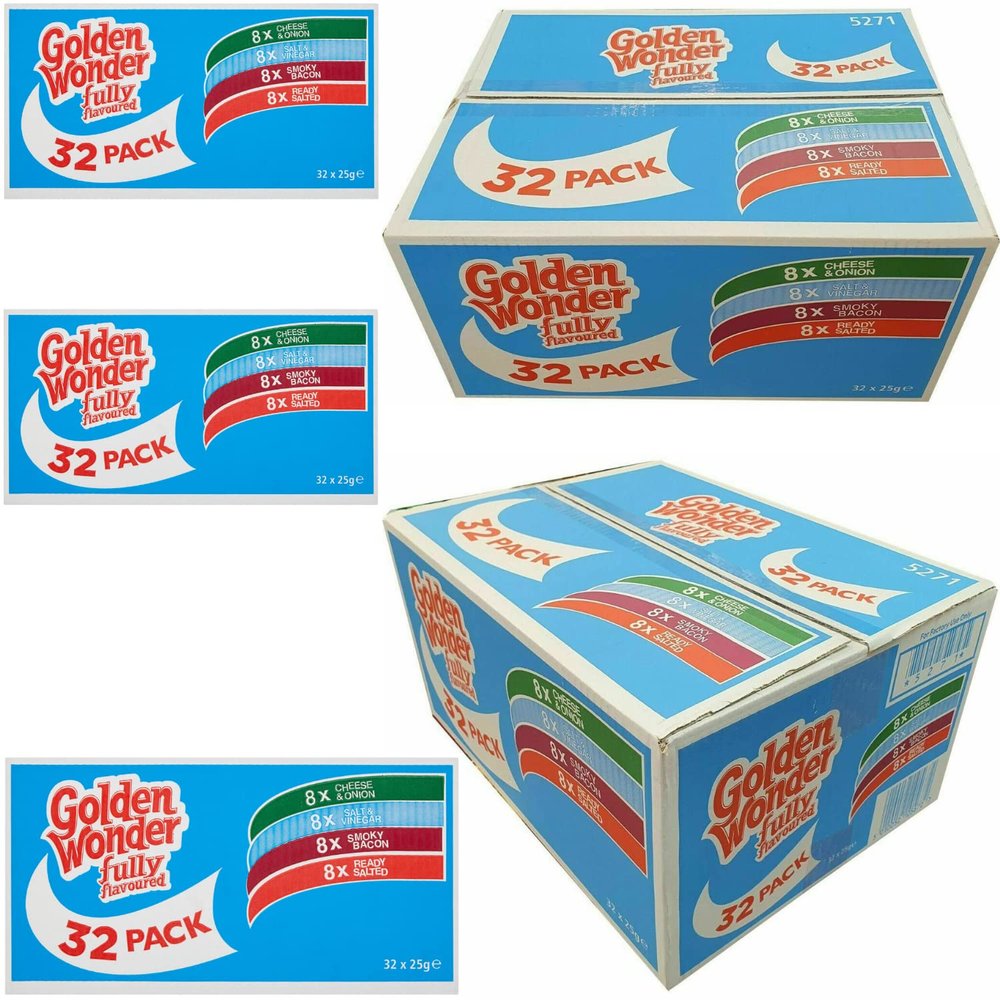 Golden Wonder Fully Flavoured Blue Box Cheese and Onion Salt and Vinegar Smoky Bacon Ready Salted 32pkx25g, 1.15 kilograms