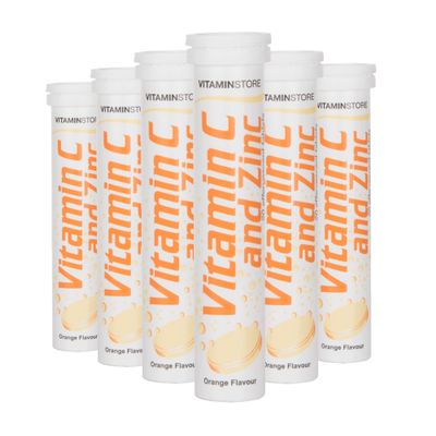 Vitamin Store Vitamin C and Zinc Effervescent Tablets, Orange Flavoured, Suitable for Vegans, 6 Packs of 20