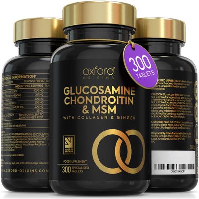 Award Winning Glucosamine and Chondroitin High Strength Tablets with MSM | Made in The UK | Glucosamine Sulphate with Chondriotin, MSM Powder, Collagen, Citrus Bioflavonoid & Ginger Root | 300 Tablets