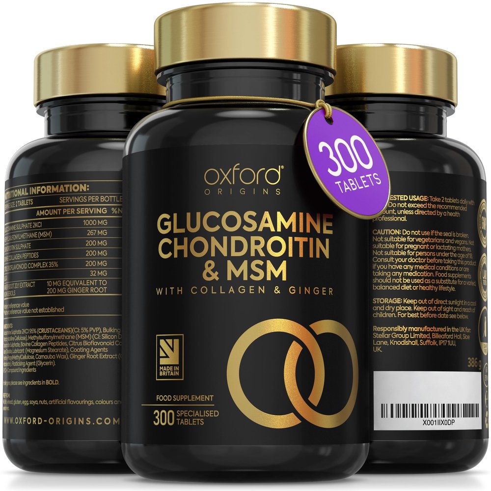 Award Winning Glucosamine and Chondroitin High Strength Tablets with MSM | Made in The UK | Glucosamine Sulphate with Chondriotin, MSM Powder, Collagen, Citrus Bioflavonoid & Ginger Root | 300 Tablets