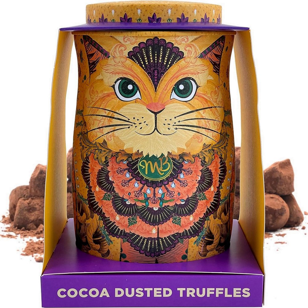 Monty Bojangles Cocoa Dusted Chocolate Truffles Cat Tin (Savanna Gold-135g) Flutter Scotch Flavoured Luxury Chocolatey Truffles - Collectable Cat Tin, Truffles Chocolate Gift Box With Bespoke Design