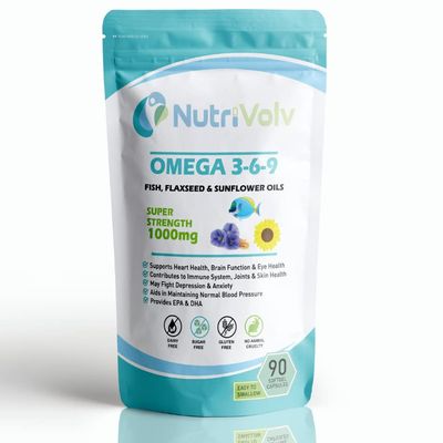 Nutrivolv Omega 3-6-9 | Triple Strength | Fish Oil & Flaxseed Oil Blend | High EPA & DHA | Heart Health, Brain Function & Eye Health | Essential Fatty Acids - 90 Gelatine Softgels