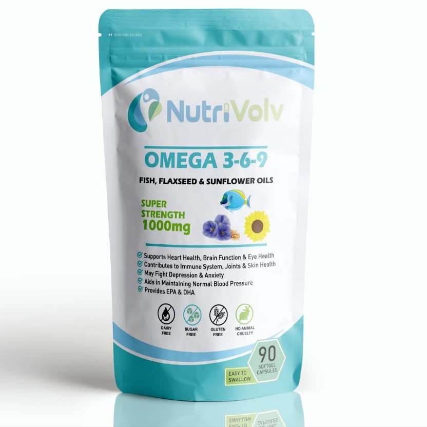 Nutrivolv Omega 3-6-9 | Triple Strength | Fish Oil & Flaxseed Oil Blend | High EPA & DHA | Heart Health, Brain Function & Eye Health | Essential Fatty Acids - 90 Gelatine Softgels
