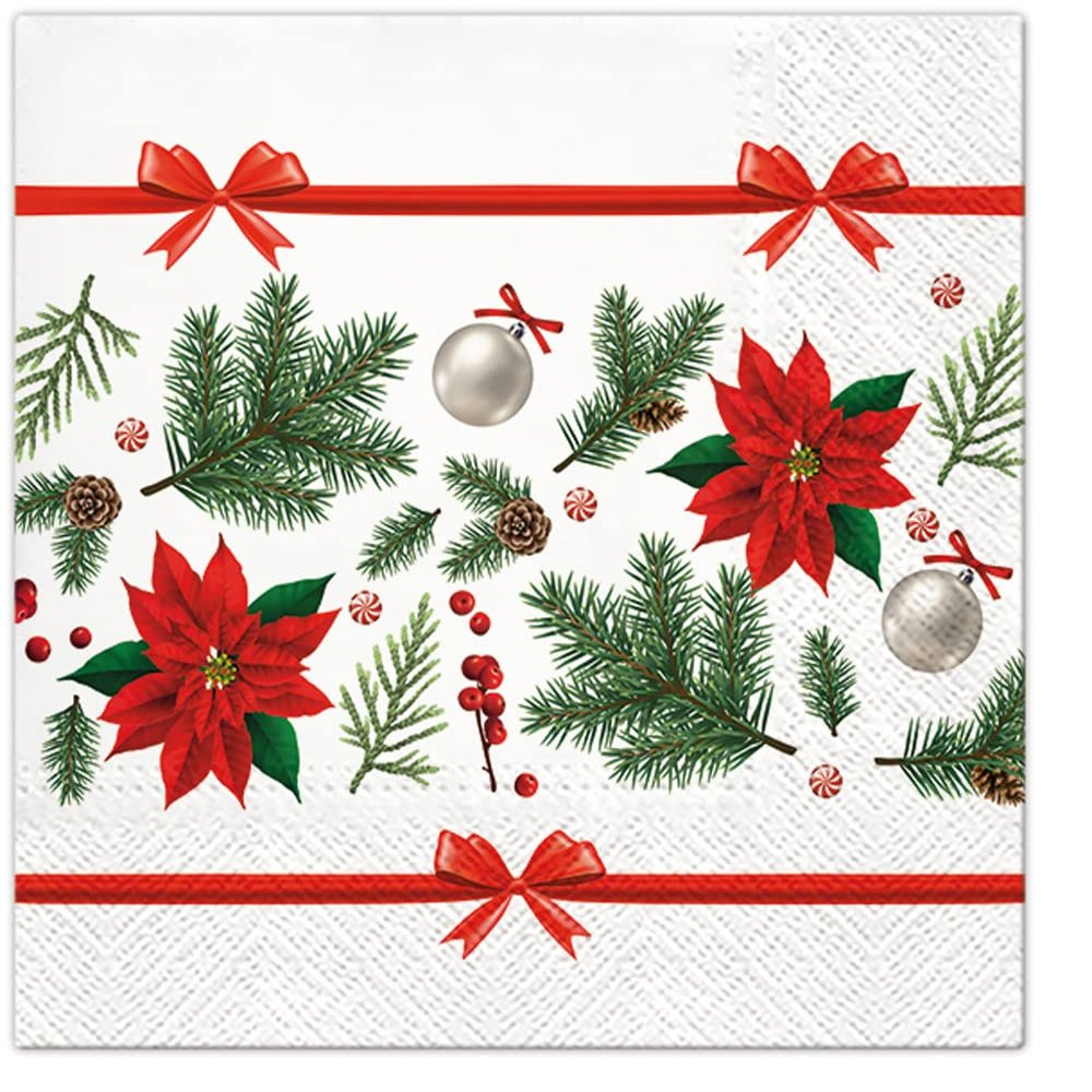 3-Ply Christmas Paper Serviettes Xmas Napkins for Decoupage 33cm x 33cm - Pack of 20 (Festive Poinsettia)