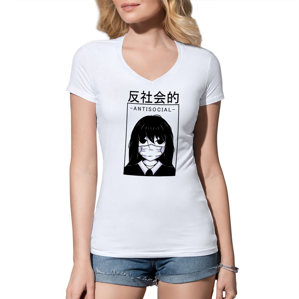 B&S Boutique Anime Antisocial Girl face mask Women's V-Neck White Shirt Size XXL