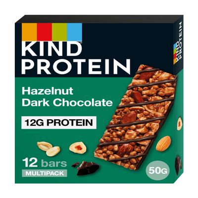 KIND Protein Bars, Gluten Free Snack Bars, Hazelnut Dark Chocolate, High Fibre, Healthy Snack, Source of Protein, Multipack 12 x 50g,Packaging may vary
