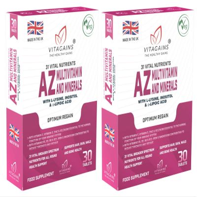 VitaGains A-Z Multivitamin & Minerals, Two Month Supply, Supports Hair, Skin, Nails and Bone Health, Vitamins B1, B2, B6 & B12, Iron & Magnesium, Reduce Tiredness & Fatigue, Blister Packed, Pack of 2