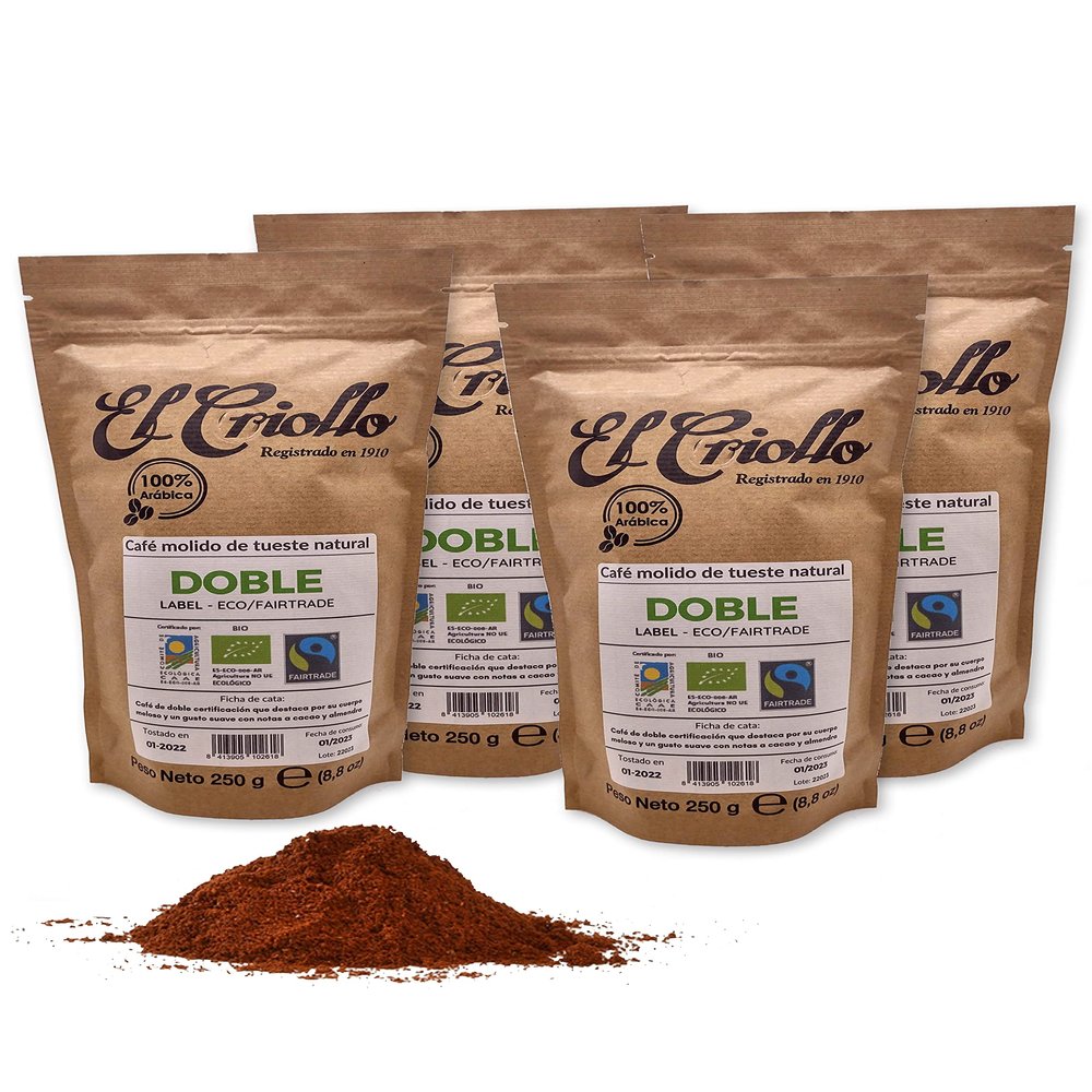 GROUND Organic and Fair Trade Coffee | 'Double Label' - Cafs El Criollo | 100% Arabica and Natural Roasted | FairTrade seal | Pack of 4x250gr. (1KG)