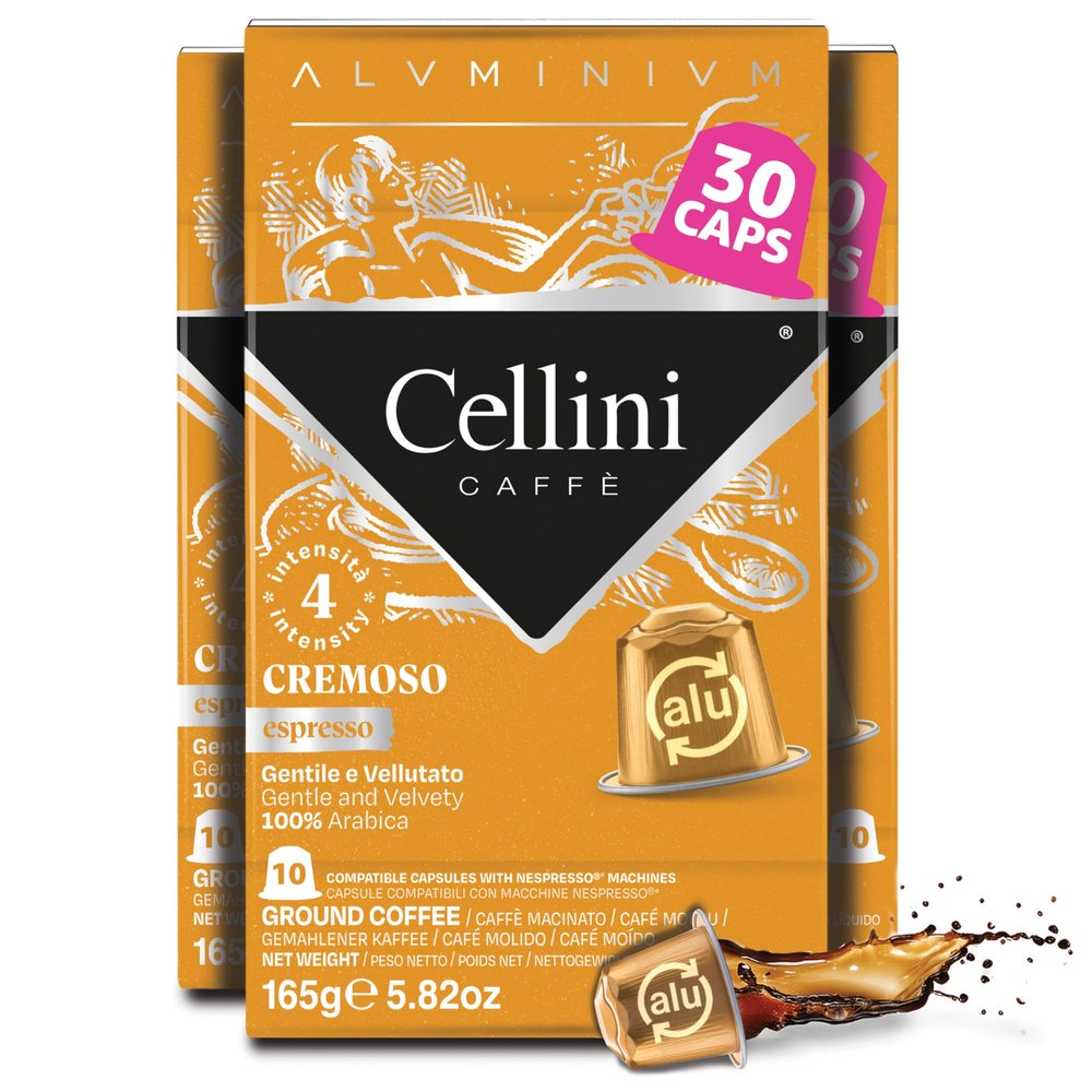 Cellini Caff Cremoso Aluminum Nespresso Pods 30 Count Medium Roast Coffee Capsules 100% Nespresso Original Machine Compatible