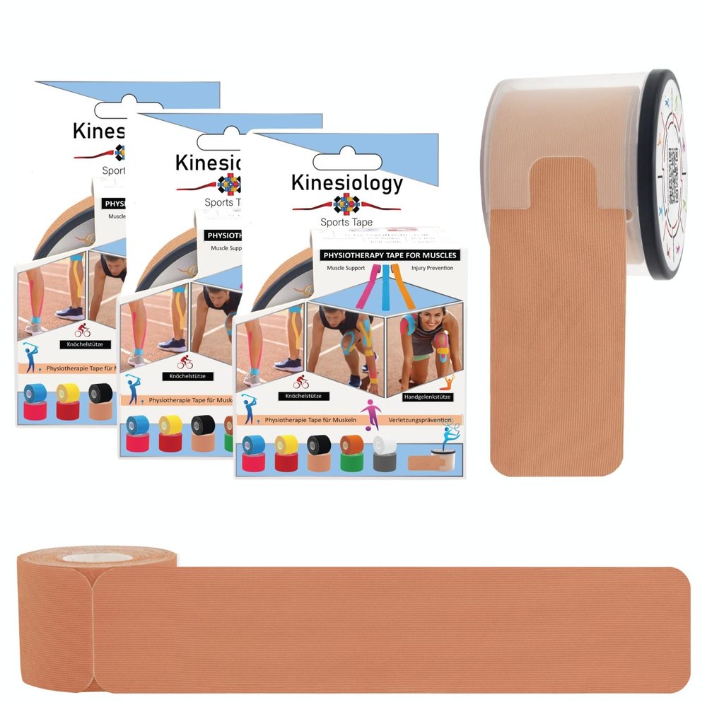 3 Pack Kinesiology Tapes Pre Cut with Dispenser - Synthetic Sports Muscle Tape - Beige - 5m Pre-Cut 20 Strips - Physio Tape for Face, Neck, Shoulder, Back, Elbow, Wrist, Thigh, Knee, Calf & Ankle