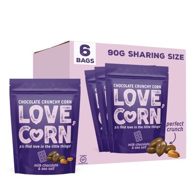 LOVE CORN Milk Chocolate & Sea Salt Crunchy Corn Snack 90g x 6 Bags  Chocolate Multipack Snacks Ideal for Gluten Free Diets  Chocolate Gift  Perfect To Graze On