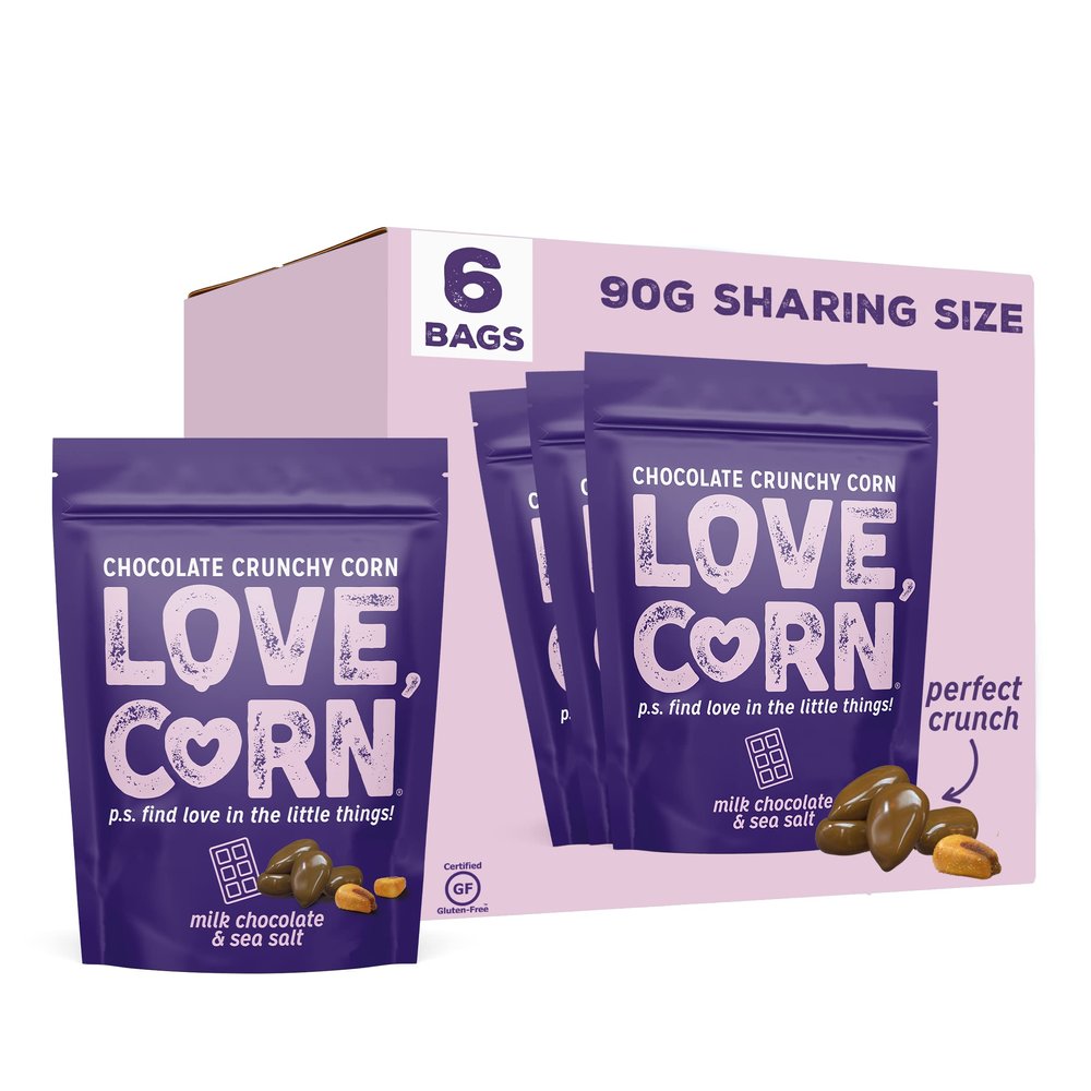 LOVE CORN Milk Chocolate & Sea Salt Crunchy Corn Snack 90g x 6 Bags  Chocolate Multipack Snacks Ideal for Gluten Free Diets  Chocolate Gift  Perfect To Graze On