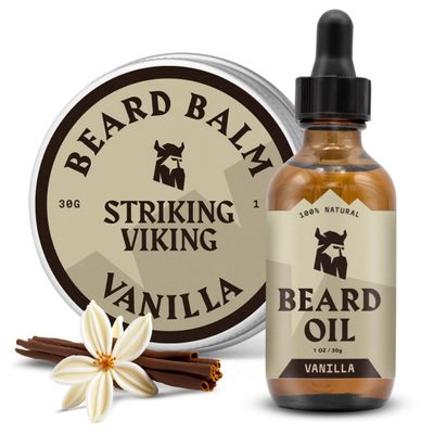 Striking Viking Beard Oil and Balm Set - Vanilla, Pack of 2, 1 Fl Oz Each - Beard Conditioners for Deep Hydration and Nourishment - Frizz-Control Beard Softener for Men - Gift For Men
