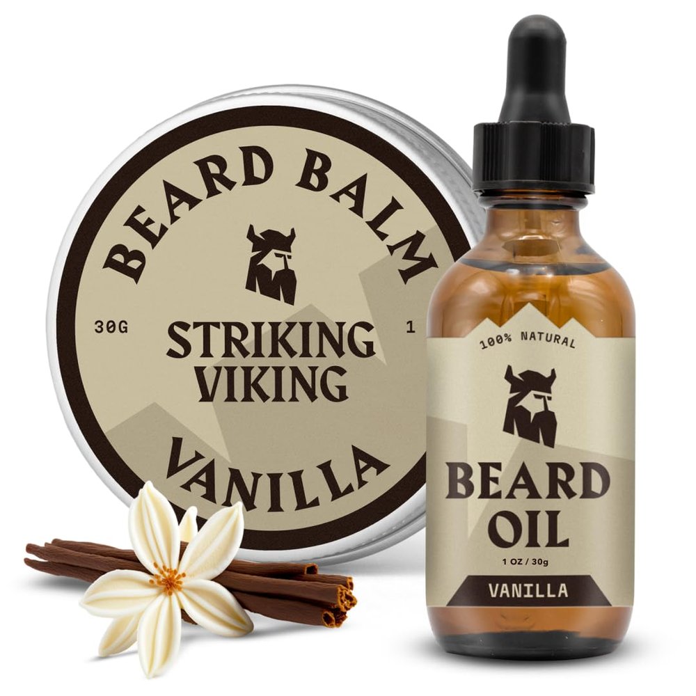Striking Viking Beard Oil and Balm Set - Vanilla, Pack of 2, 1 Fl Oz Each - Beard Conditioners for Deep Hydration and Nourishment - Frizz-Control Beard Softener for Men - Gift For Men
