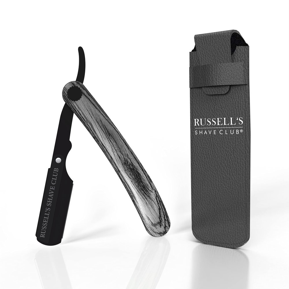Russell's Shave Club Professional Straight Edge Cut Throat Razor - Travel Pouch Included (Black wooden handle)